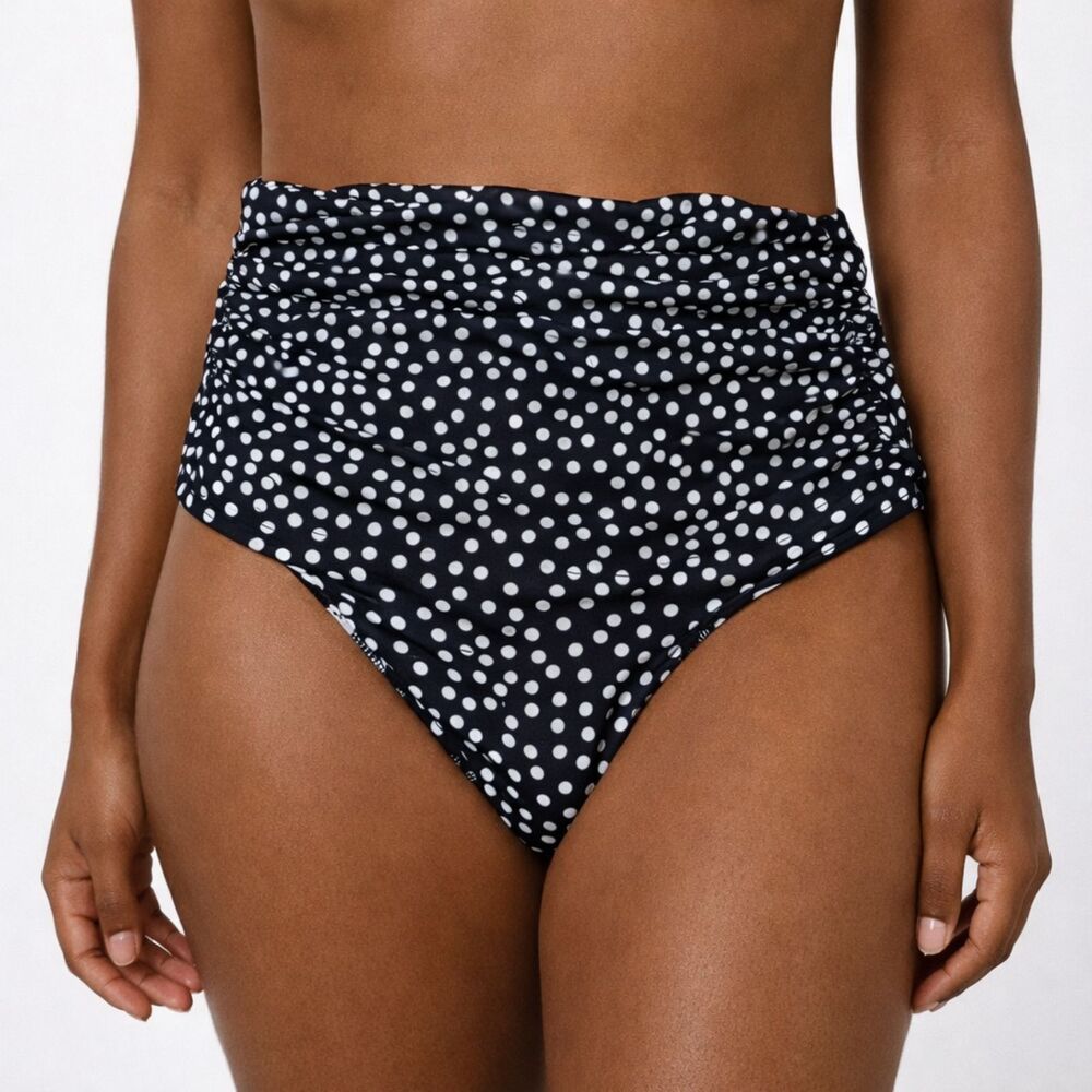 Lands End High Waist Bikini Bottom Womens 8 Black White Polka Dot Tummy Control